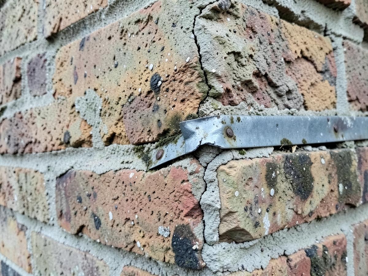 Close inspection of cracked mortar joints and lead flashing in brickwork